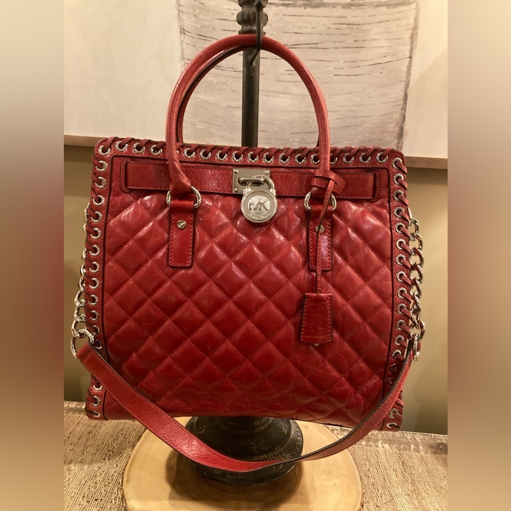 MICHAEL KORS HIPPIE GROMMET HAMILTON SATCHEL TOTE QUILTED LG CROSSBODY‎ RED $458 - Picture 3 of 11